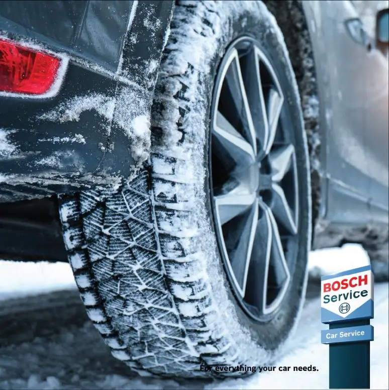 Winter tyre on a car wheel Bosch Car Service Alan Aston Motor Engineers Evesham